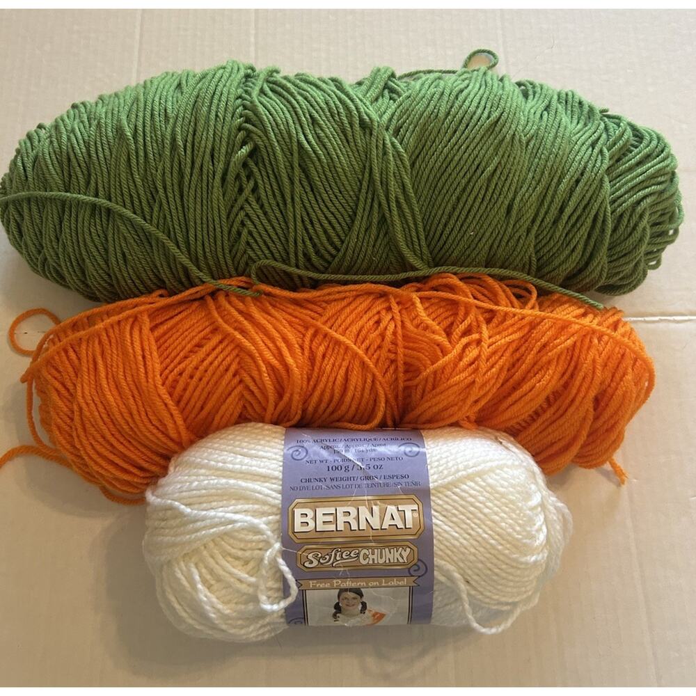 VTG Lot of 3 Skeins‎ Bernat And Caron Yarn 100% Acrylic Green Orange White 16 Oz